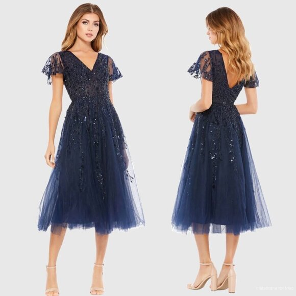 Mac Duggal Embellished Fluter Sleeve Tea Length Dress - Picture 1 of 6